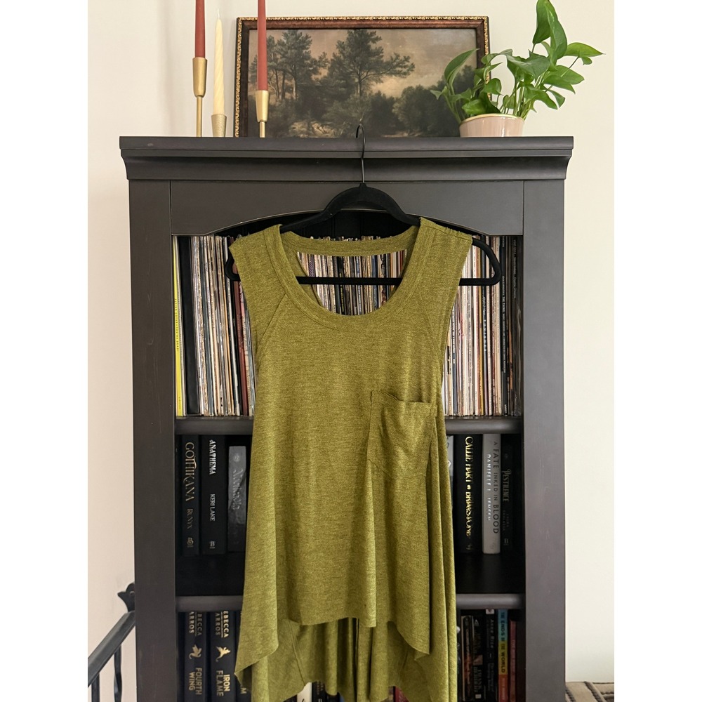 Free People Beach Cross Back Tank Top Size Small Olive Green High Low Pocket